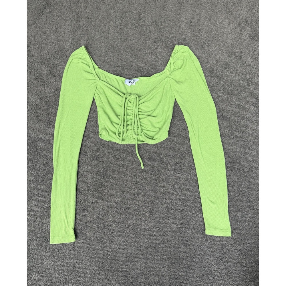 Princess Polly Lime Green Ribbed Ruched Long Sleeve Crop Top US 2